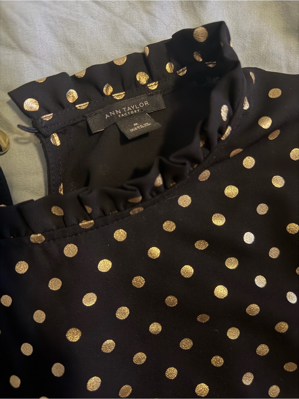 Ann Taylor Black Blouse with Gold Polka Dot Print - Picture 2 of 3